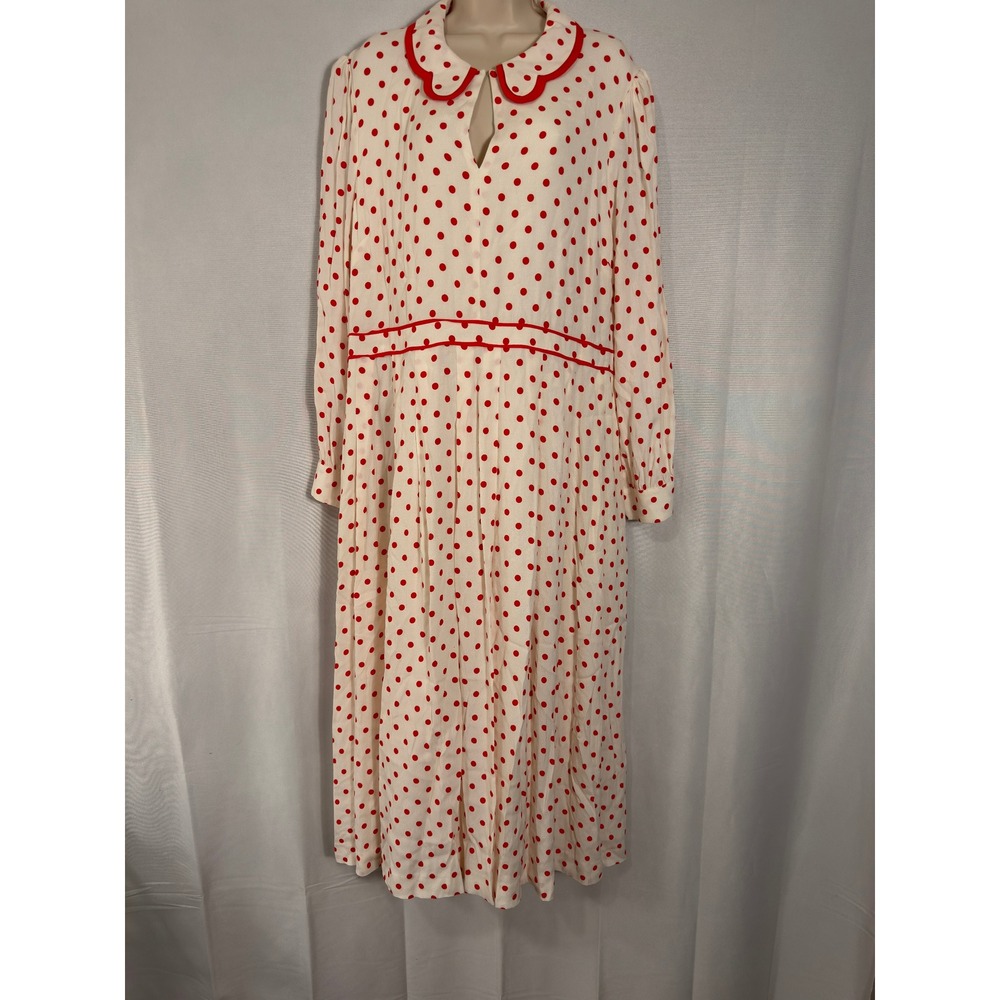 Boden Midi Dress US 20/22 Polka Dot Scallop Trim Long Sleeve Red White Women
